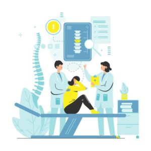 Doctor osteopath, chiropractic, male and female characters treating woman suffering from back pain, flat vector illustration. Patient treatment, rehabilitation after injury.