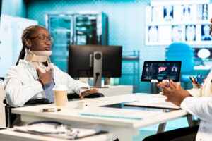 A female patient is wearing a cervical collar at an orthopedic clinic with a specialist.